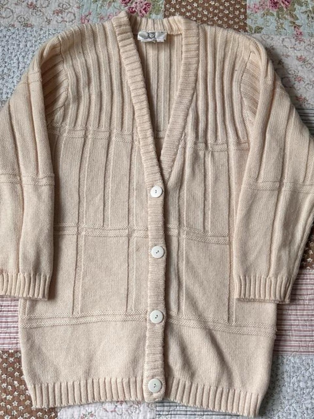 Anne Klein Knitwear vintage long wool cream button-up partial-sleeve cardigan